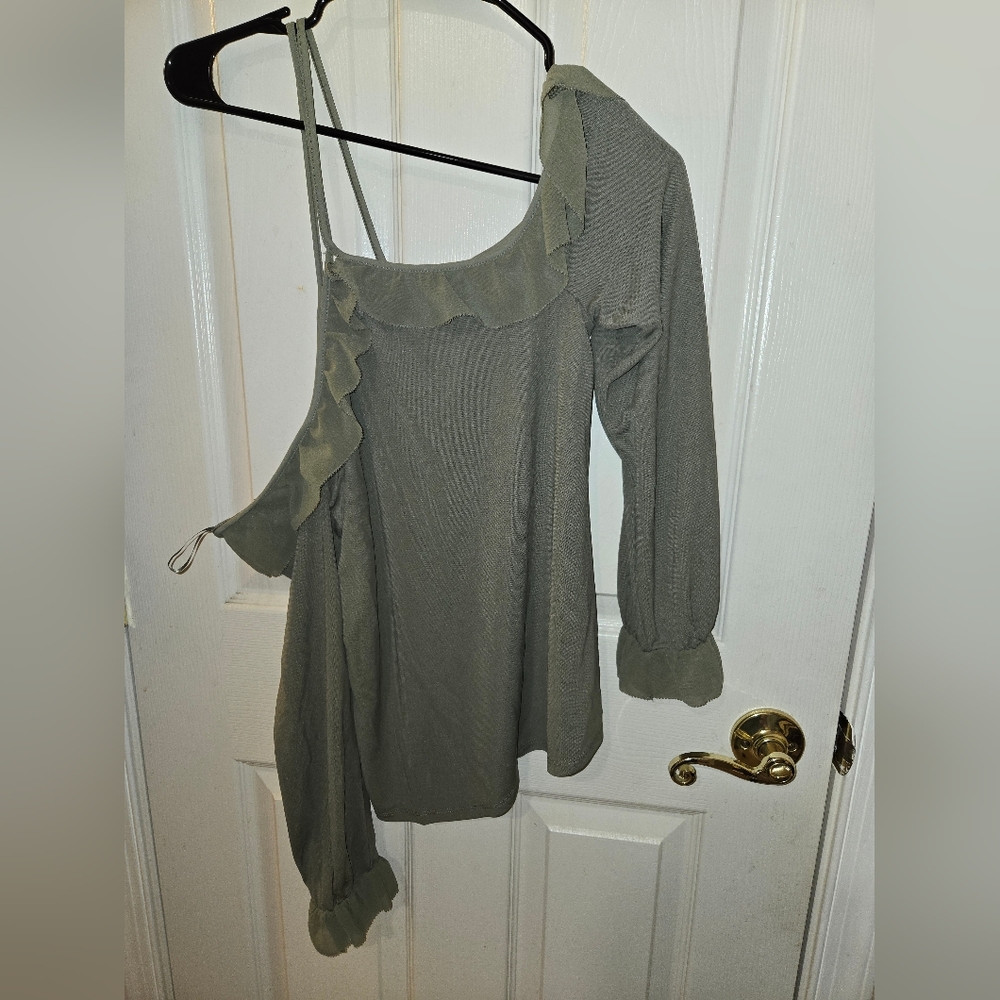 White House Black Market Olive Ruffle Cold Shoulder Blouse